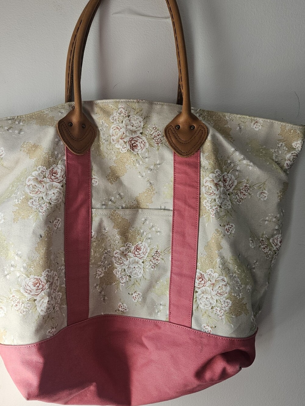 L.L. Bean Large Floral Cotton Tote with Rose Straps and Tan Handles